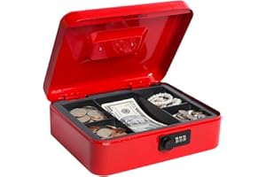 Cash Box with Combination Lock, Metal Money Box for Cash, Lovndi Lock Box with Money Tray, 9.84 x 7.87 x 3.54 Inches, Red