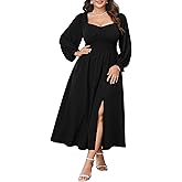 Plus Size Maxi Dresses for Curvy Women Long Sleeve Sweetheart Neckline Smocked Fall Wedding Guest Cocktail Dress Slit
