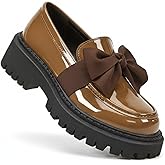 Silanway Women's Patent Leather Platform Loafers with Bow - Chunky Trendy Slip-On Dress Shoes for Work & Casual Wear, Increased Height