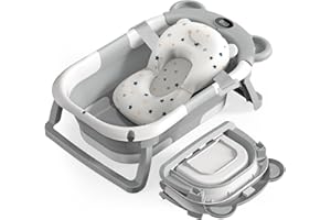 ieBabay Foldable Baby Bathtub Collapsible Bath tub for Newborn to Toddler with Soft Bath Cusion,Portable Travel Bathtub with Drain Hole,Easy to Store（Grey)