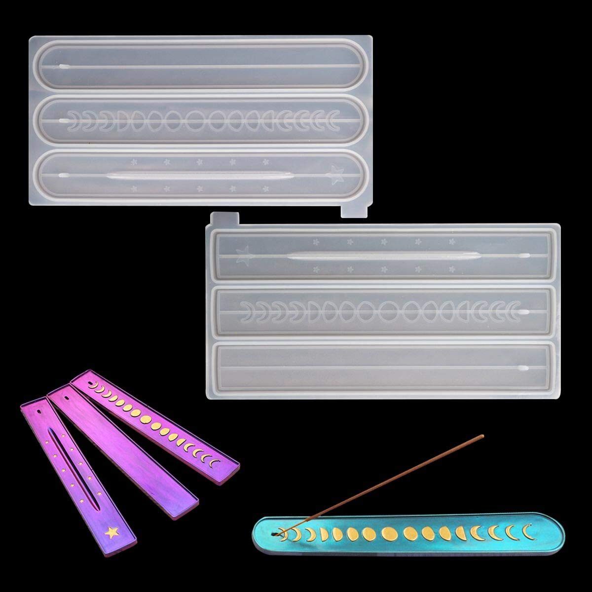 iSuperb 2 Piece Star Moon Phase Resin Molds Aroma Stick Holder Ash Catcher Rectangle Oval Incense Burner Line Board Insert Plug-in Crystal Casting Jewelry Making Molds