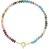 KissYan Beaded Gemstone Necklace for Women, Colorful Boho Bead Choker Natural Stone Surfer Beach Necklaces 14K Gold Plated Summer Handmade Jewelry