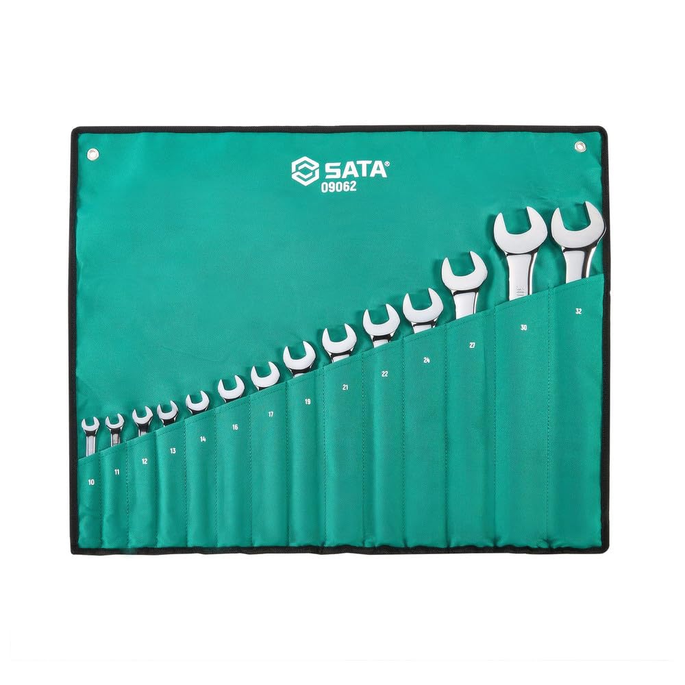 SATA ST09062-02 14-Piece Metric Combination Wrench/Spanner Set, Polished, with Offset Box Ends, 10mm - 32mm, with Durable Tool Roll