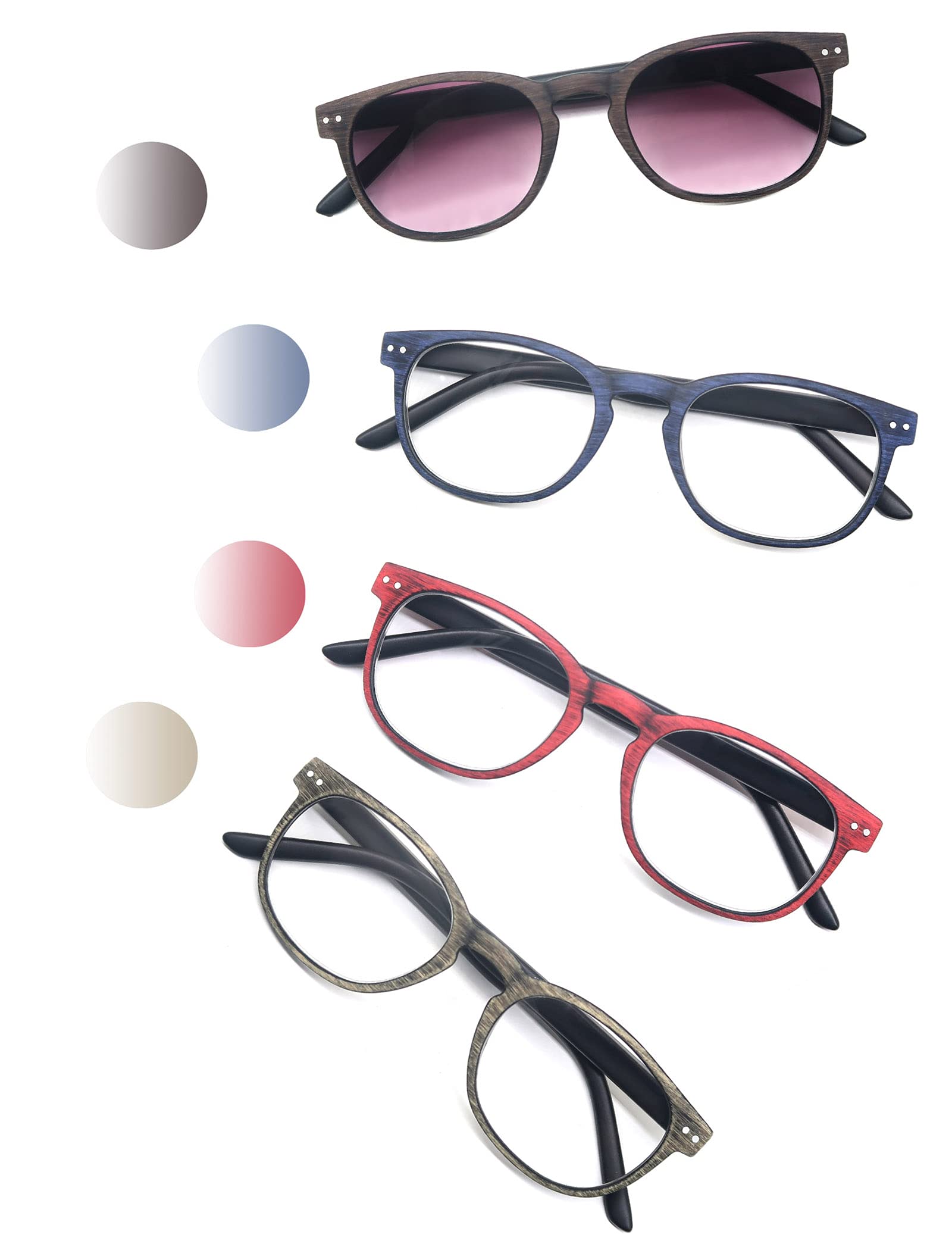 HEEYYOK 4 Pack Reading Glasses Mens Womens Unisex Retro Round Wood-Design Glasses for Reading Comfortable Lightweight Quality with Spring Hinge