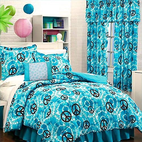 11pc Teen Girls TURQUOISE TYE DYE PEACE SIGN Comforter(76"x 86") &amp; Sheet Set + TWO-WINDOW VALANCES + ONE BREAKFAST PILLOW (11pc FULL SIZE Room Ensemble)
