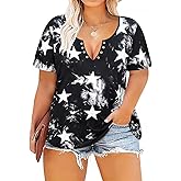 TIYOMI Plus Size T Shirt for Women Buttons Tops Short Sleeve Summer Sexy V-Neckline Shirts Solid/Tie Dye XL-5XL