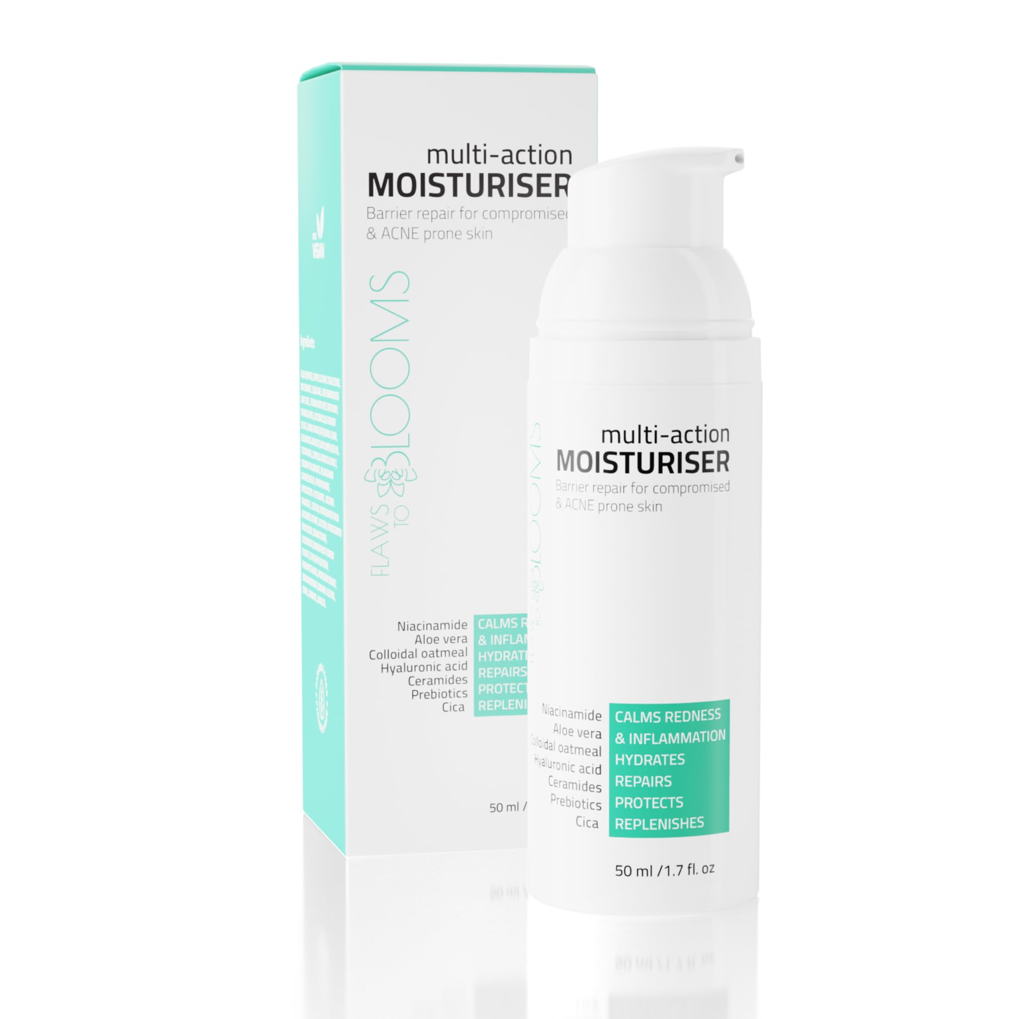 Face Moisturiser, Non Comedogenic Moisturiser with Niacinamide, Ceramides, Centella & Aloe Vera, Skin Barrier Repair for Acne Redness & Dryness, Hydrating Face Cream for Oily Skin, Flaws to Blooms