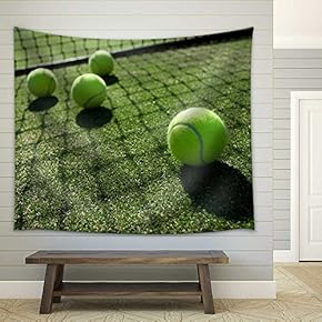 Tennis Balls on Tennis Grass Court - Fabric Wall Tapestry Home Decor - 51x60 inches