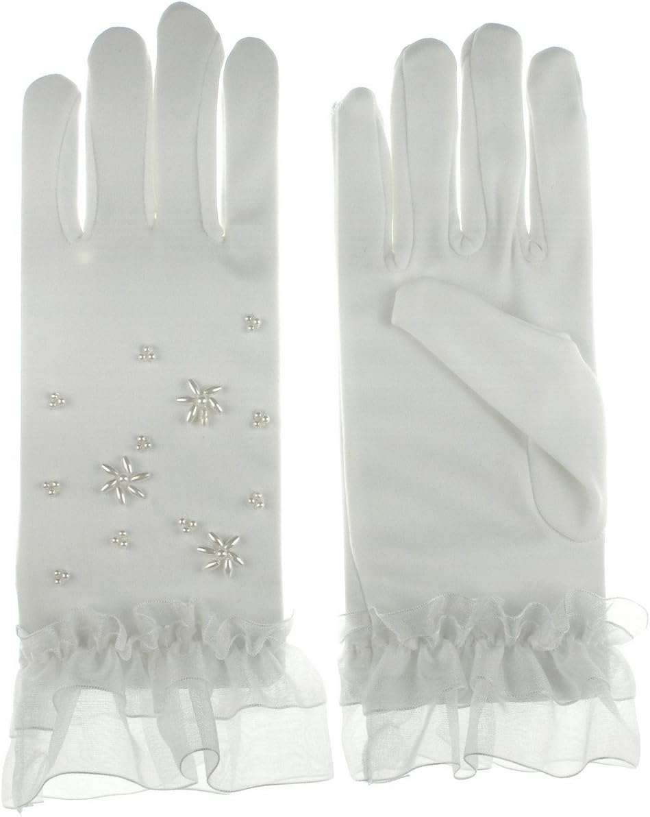 Girls Wrist Length Ruffle Scattered Faux Pearl Stretchy Matt Satin Gloves