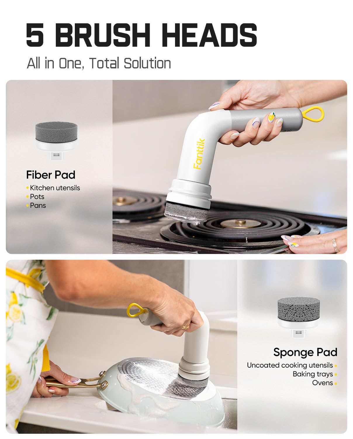 Fanttik G9 Handy Cordless Electric Spin Scrubber, MagnaStorm Motor, Dual-Speed, 5 Brush Heads, LED Display, IPX7 Waterproof, 2500mAh with Type-C Charging, for Kitchen, Sink, Tile, Stove- White