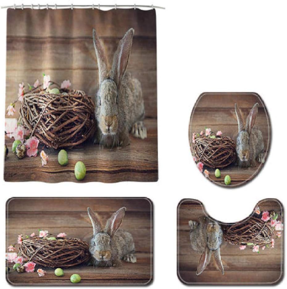 xialeine Shower Curtain Easter Rabbit Egg Prints Bathroom Curtains Sets 3D Polyester Waterproof Shower Curtain Toilet Cover Mat Non-Slip Bath Rug Set-4PCS