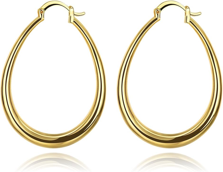 Oval Big Hoop Earrings For Women Girls Sensitive Water Drop 14K Gold Huggie Copper Earrings Party Jewelry