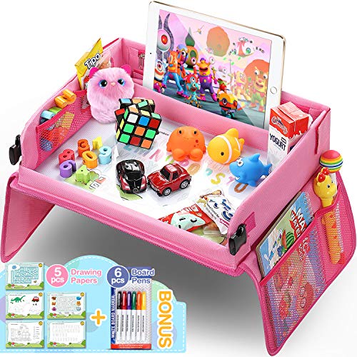 Upgraded Kids Travel Tray with Dry Erase Top Car Seat Travel Tray With Educational Drawing Car Seat Activity Tray with 16 Organizer Pockets Snack Lap Tray Pink for Car Stroller Plane - Thumbnail 7