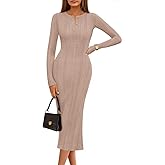 MEROKEETY Women's Bodycon Sweater Dress 2025 Fall Winter Long Sleeve Button Crew Neck Ribbed Knit Midi Work Dresses