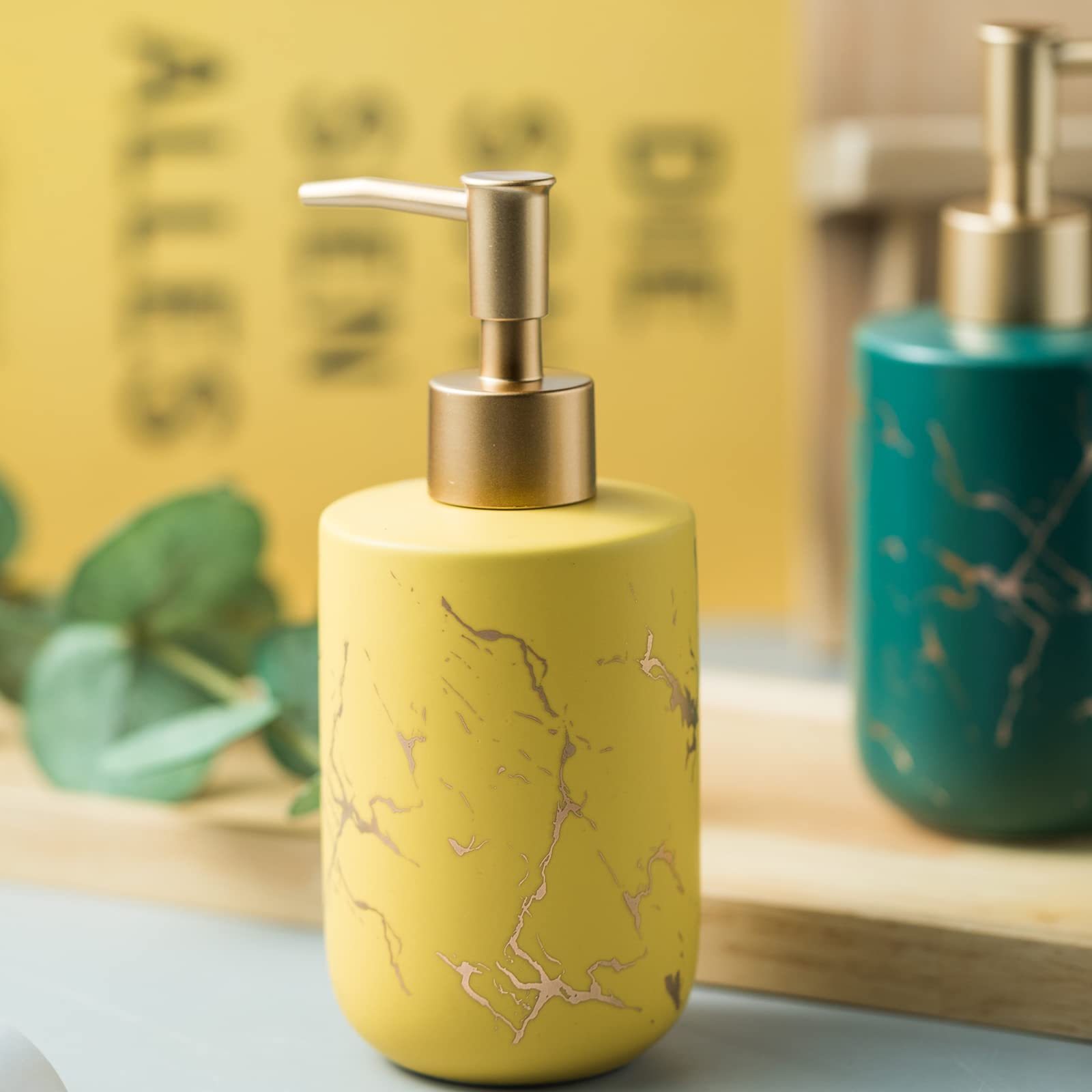 Gold Soap Dispenser Bathroom, Ceramic Hand Soap Dispenser with Marbling for Kitchen, Shower, 300ML. (Yellow)
