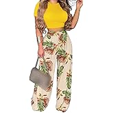 2 Piece Outfits for Women Short Sleeve Crop Top High Waist Wide Leg Long Pant Sets Tracksuit Sport Set