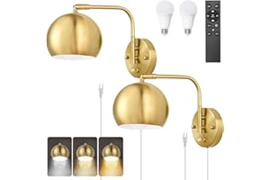 VATONI Wall Sconce with Remote Control, Plug in Wall Sconces Dimming 0-100% and Adjustable Color Temperature 2700K-6000K, Brushed Brass Globe Swing Arm Wall Lights with Plug in Cord(2 Pack, 2 Bulbs)