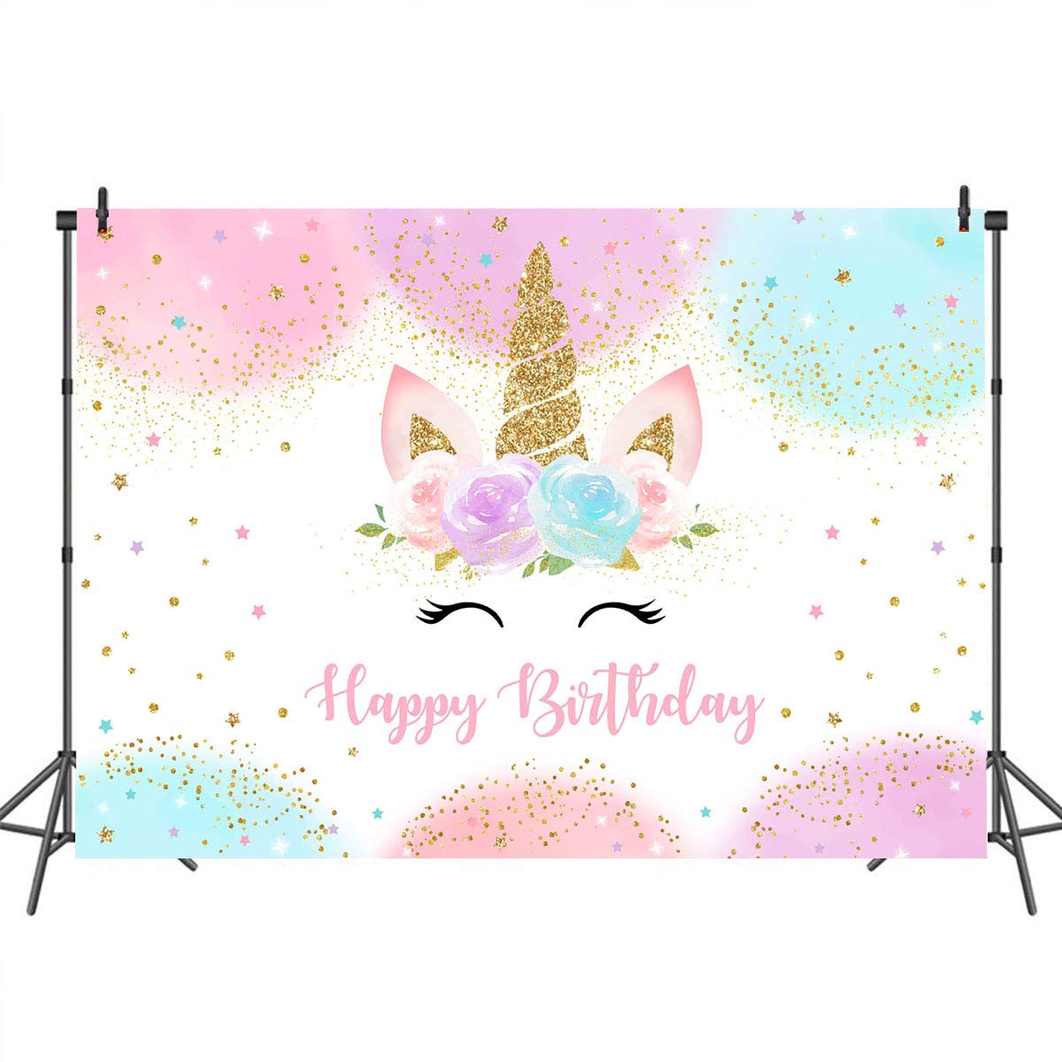Mocsicka Unicorn Birthday Decorations Backdrop for Girls Party 5x3ft Pastel Rainbow Glitter Stars Dots Happy Birthday Banner Photo Booth Props