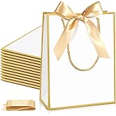 Silkfly Paper Gift Bags with Handle 9x7x3.15'' Thank You Gift Bags with Bow Ribbon for Graduation Appreciation Holiday Wedding Bridal Baby Shower Birthday Party Supplies(White, Gold,24 Pcs)