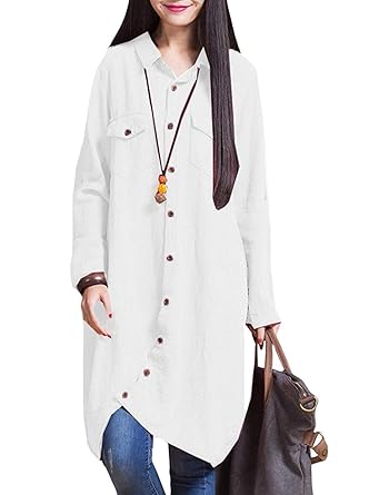 Romacci Frauen-Baumwollleinen Lange Bluse unregelmäßiger Rand Buttons lose beiläufige Weinlese-Spitzen-Hemd-Kleid-Weiß/Violet