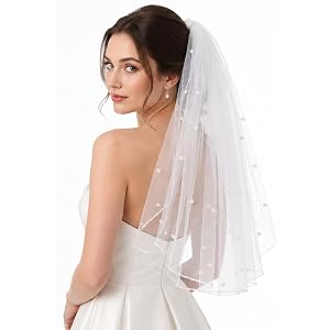 White Short Veil, Mini Veil with Comb | Tulle Pearl Veils for Brides Wedding Bachelorette Party