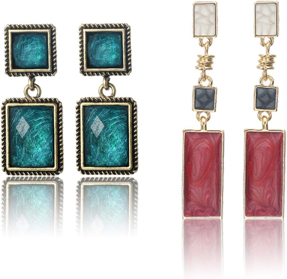 SUNNYOUTH 2 Pairs Emerald Vintage Drop Dangle Earrings Boho Square Baroque Style Stud Earrings for Women Girls