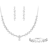 Crysdue Wedding Jewelry Set for Brides Bridesmaid, Cubic Zirconia Teardrop Marquise Leaf Cluster Pendant Necklace Bridal Tennis Bracelet Drop Earrings for Women Party Prom