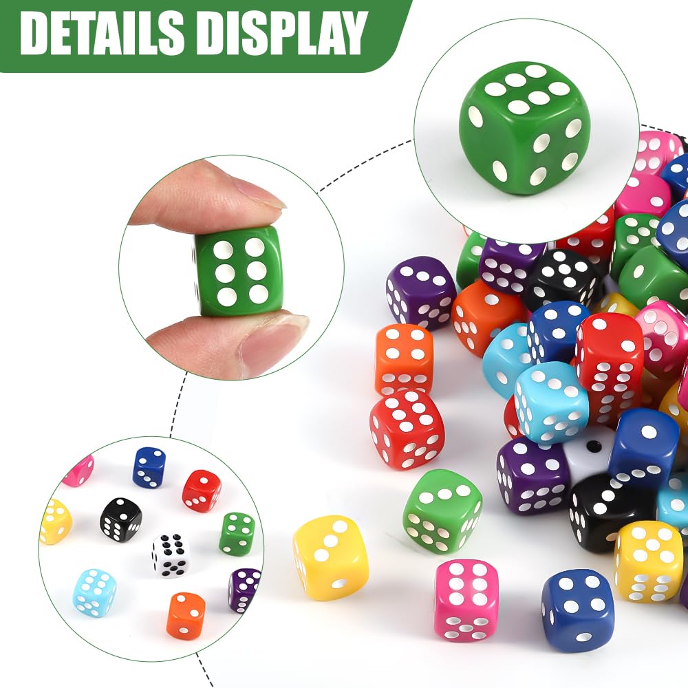 100pcs 16mm Game Bulk Dice 10 Colors Acrylic 6 Sided Dice Set for Classroom Teaching Math Learning Standard Dice for Party Family Board Games