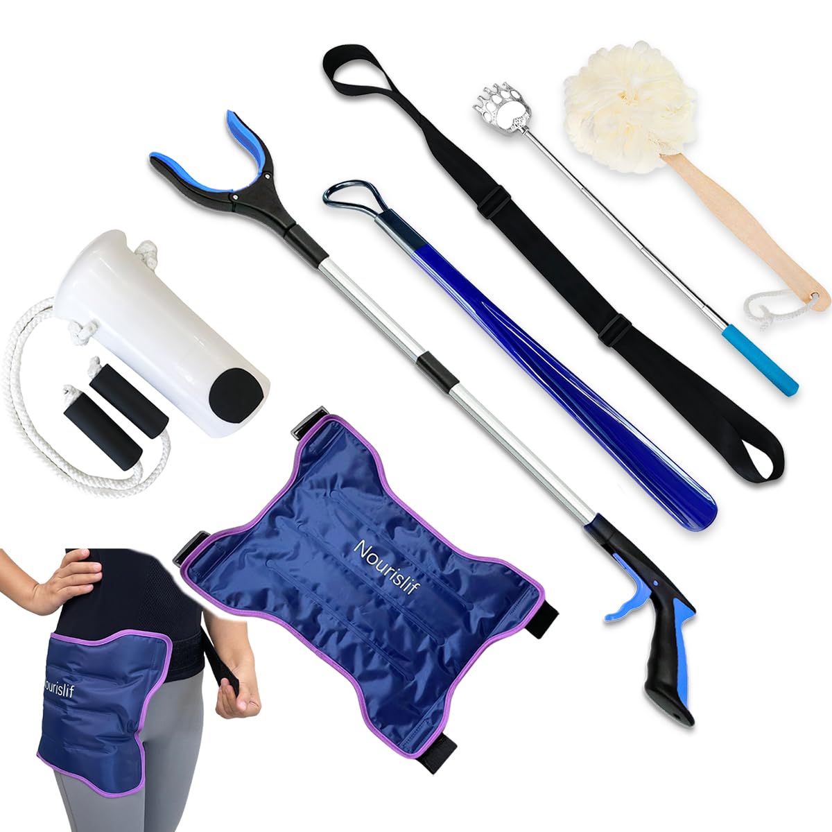 Photo 1 of Nourislif 7pcs Hip Kit - Hip Kit for Seniors Total Hip Replacement Prime, Hip Replacement Kit After Surgery,Hip Kits with Hip Ice Pack,Grabber,Sock Aid,Leg Lifter,Shoehorn,Back Scratcher,Bath Loofah