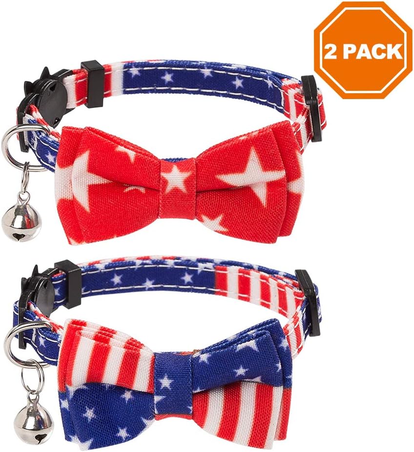 PAWCHIE American Flag Cat Collars Breakaway, 2 Pack Bow Tie Collar for Cats with Bell, Adjustable