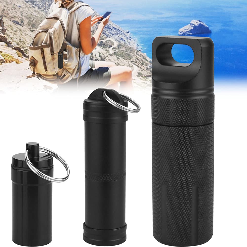 ANTHYTA Pill Box Keyring,3Pcs Pill CaseHolder Organiser Bottle Container with 3 Size,Aluminum Waterproof Pill Capsule Bottle Portable Metal Pocket Pill Cases for Outdoors Camping Traveling(Black)