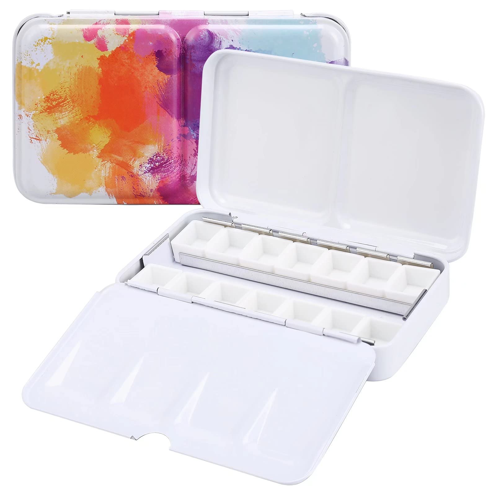 Photo 1 of LOONENG Empty Watercolor Palette, Empty Watercolor Tin with Fold Out Palette, Small Colorful Watercolor Tray Palette with 14 Empty Half Pans for Plein Air Painting and Sketching