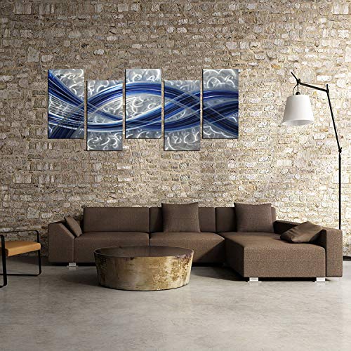 Metal Wall Art with Blue Line design silver background, Unique Metal