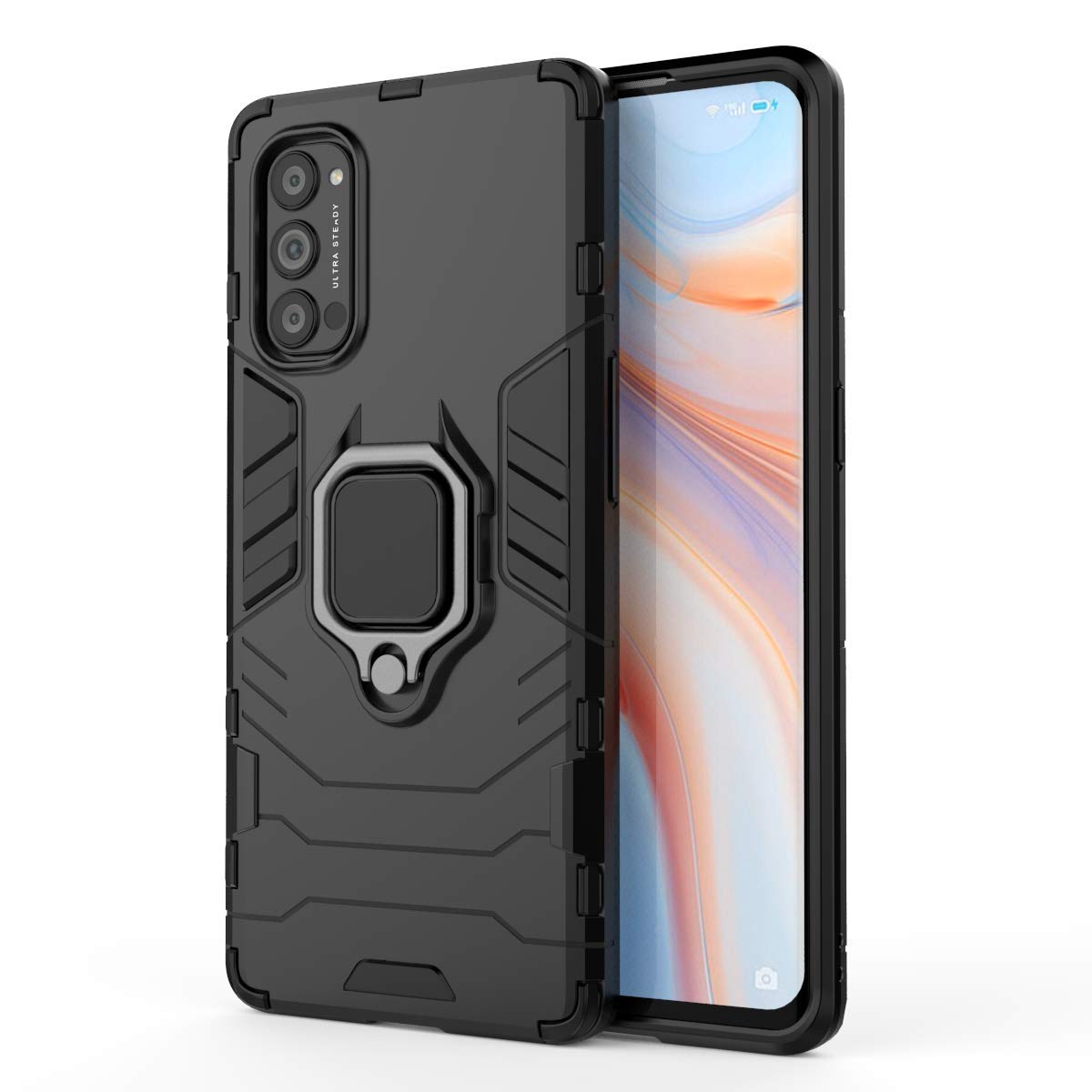 TANYO Case for OPPO Reno4 Pro 5G, TPU/PC Shockproof Phone Cover with 360° Kickstand, Armor Bumper Protective Shell Black