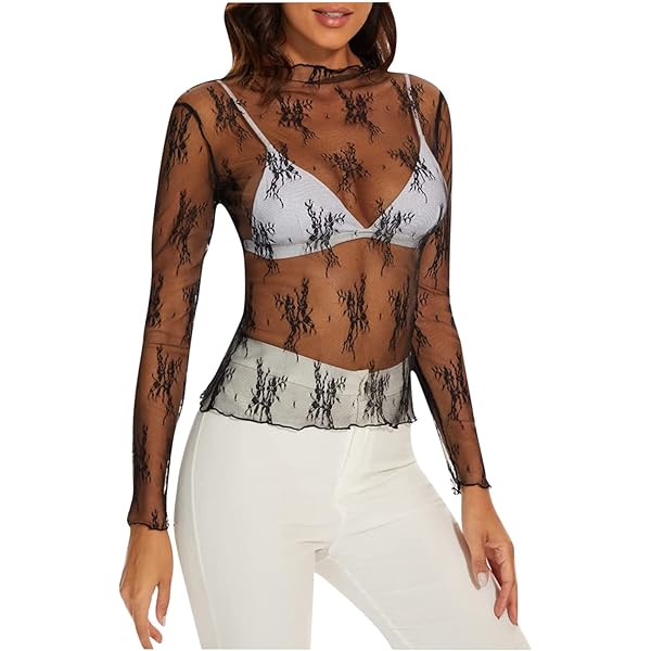 Mesh Top for Women Long Sleeve See Through Shirt Scoop Neck Sheer
