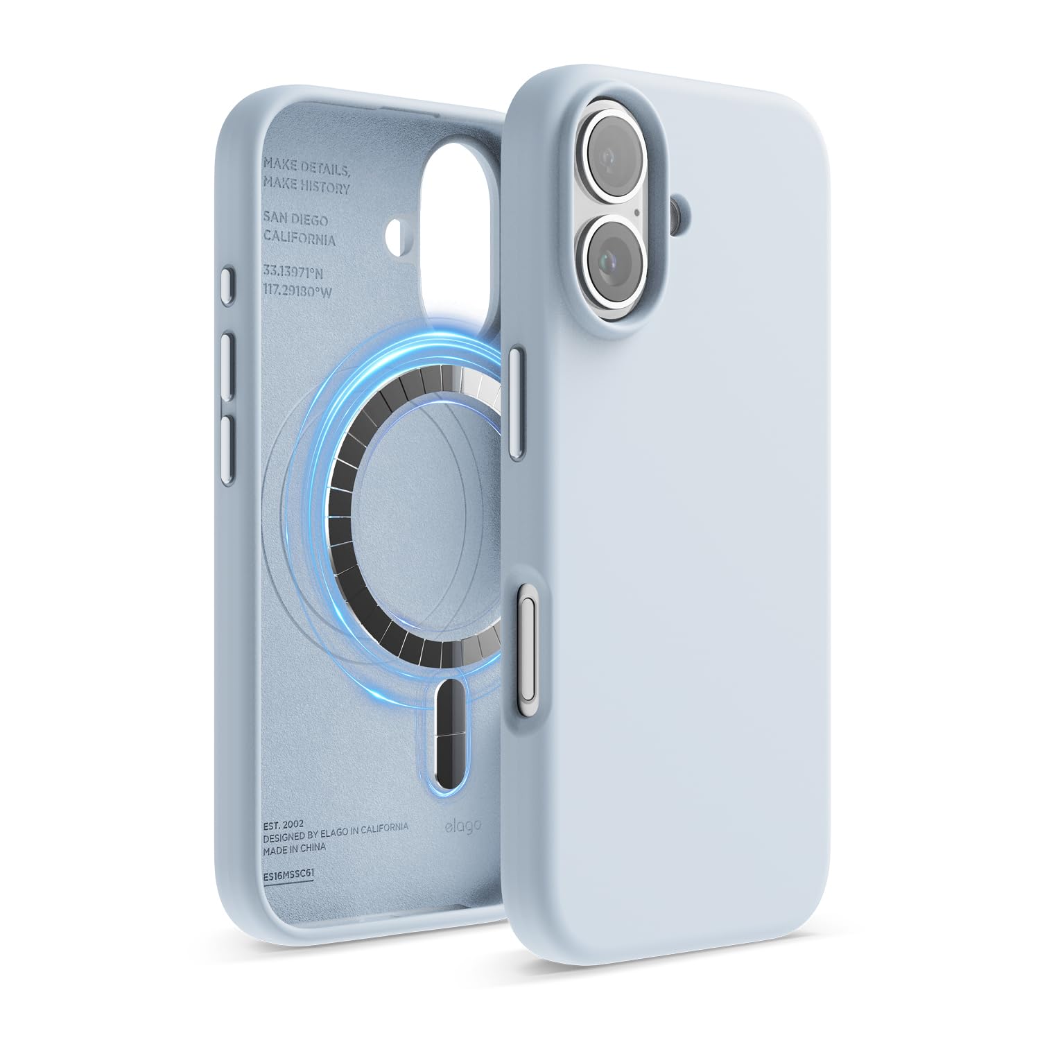 elago Magnetic Silicone Case Compatible with iPhone 16 Case 6.1 Inch Compatible with All MagSafe Accessories - Built-in Magnets, Soft Grip Silicone, Shockproof (Light Blue)