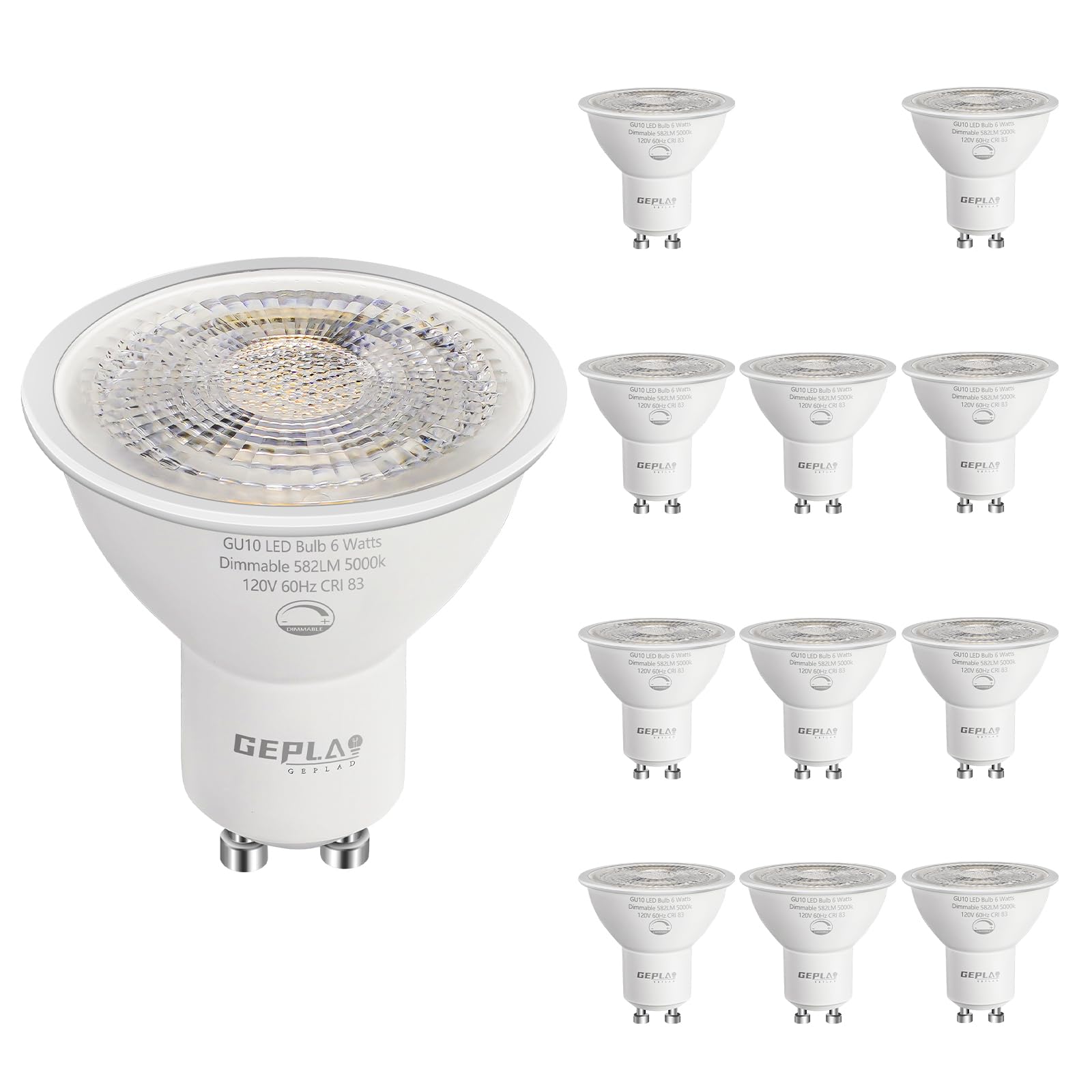 Photo 1 of 12-Pack GU10 LED Bulbs Daylight 5000K, 6W 582LM Dimmable GU10 Two Prong Light Bulb, 50W Halogen Replacement, Track Lighting,Recessed Light,Range Hood Light Bulbs