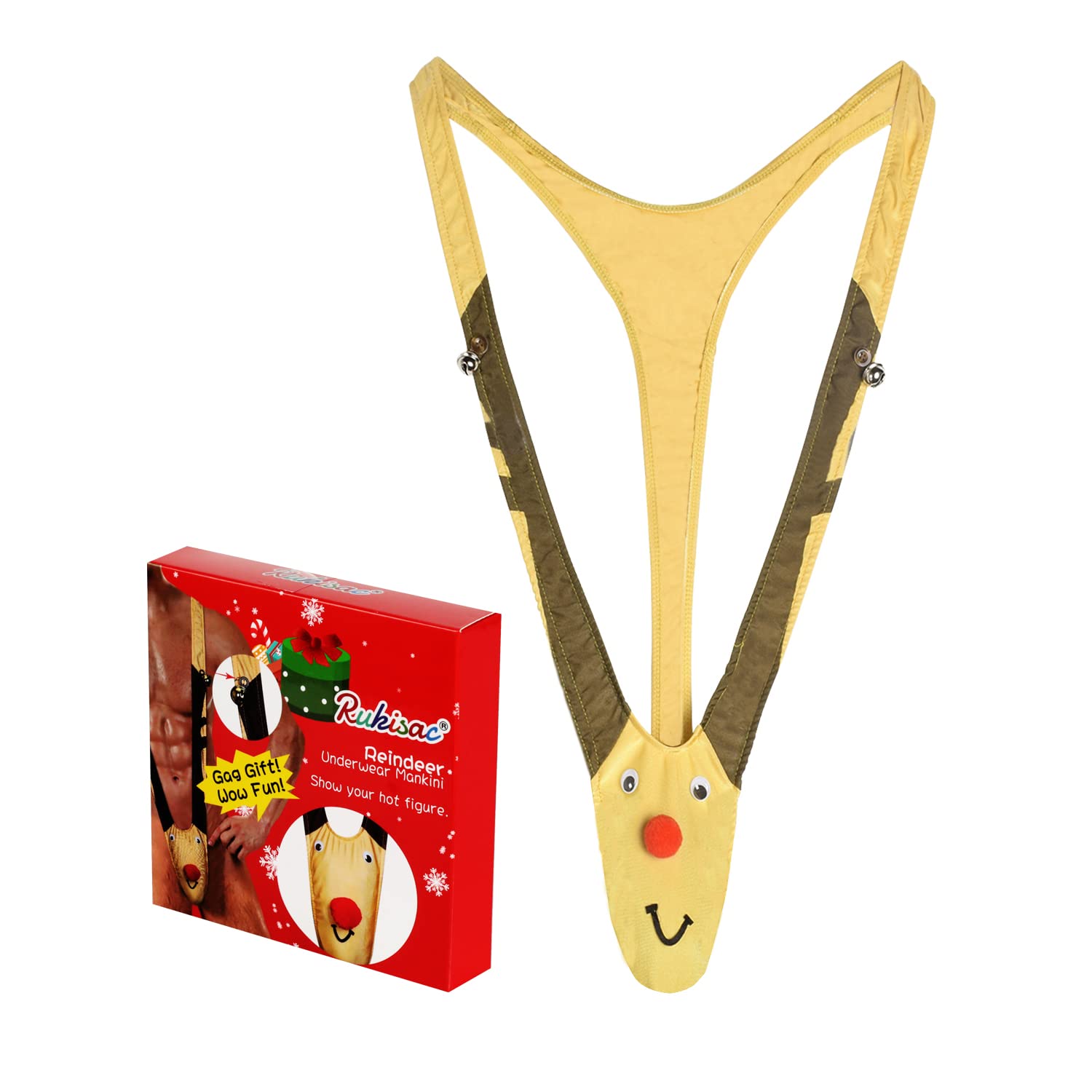 Rukisac Christmas Gag Gifts for Men, Reindeer Mankini Men Funny Thongs Underwear with Bells Pranks for White Elephant Exchange Gifts, Valentine's Day, Xmas