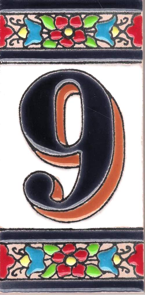 TORO Del Oro House Numbers, Numbers and Letters in Enamelled Ceramic Tile, Hand Painted Technique, Dry Rope, Names and Address Design, Medium Flower Design, 5.5 x 10.5 cm (Number Nine "9")