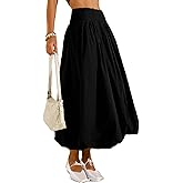 peassa Women's Bubble Long Skirt Elastic Waist A-Line Pleated Ruffle Flowy Balloon Maxi Skirts with Pockets
