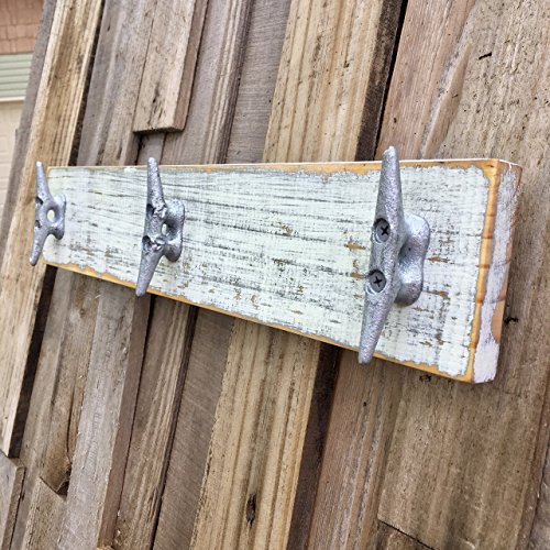 Nautical Distressed White over Gray Boat Cleat Coat Rack, Towel Rack, Hat Rack, Book Bag Rack, or Key Rack