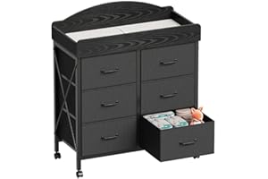 Yetom Baby Changing Table Dresser with Wheels, 6-Fabric Drawer Baby Dresser with Changing Table Top, Waterproof Diaper Changing Station & Pad, Mobile Storage Unit, Compact Baby Furniture, Black