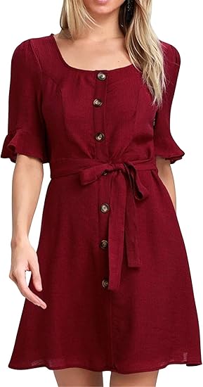 Amazon シフォンワンピース レディース チュニック 半袖 膝丈 Uネック 無地 フレアワンピース 通勤ワンピー オシャレ 可愛い 春 夏 ワンピース チュニック 通販