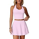 QBGJTD Women 2 Piece Tennis Skirt V Neck Tank Top with High Waisted Skirt Yoga Golf Outfit with Built-in Bra Shorts & Pockets