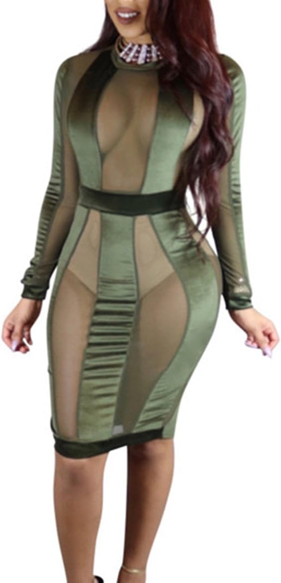 AVINE Women's Sexy Mesh See Through Bodycon Clubwear Dress