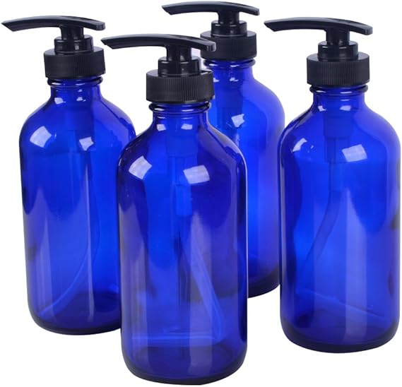 4 pack 8 oz Blue Glass Pump Bottle Bottles with Plastic Pump