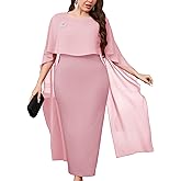 ZOMVA Plus Size Elegant Chiffon Cape Dress Crew Neck Wedding Guest Bodycon Cocktail Pencil Maxi Dresses, Without Brooch