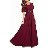 Ever-Pretty Women's Classic Round Neck Pleated Short Sleeves Chiffon Appliques Floor Length A Line Formal Evening Dresses