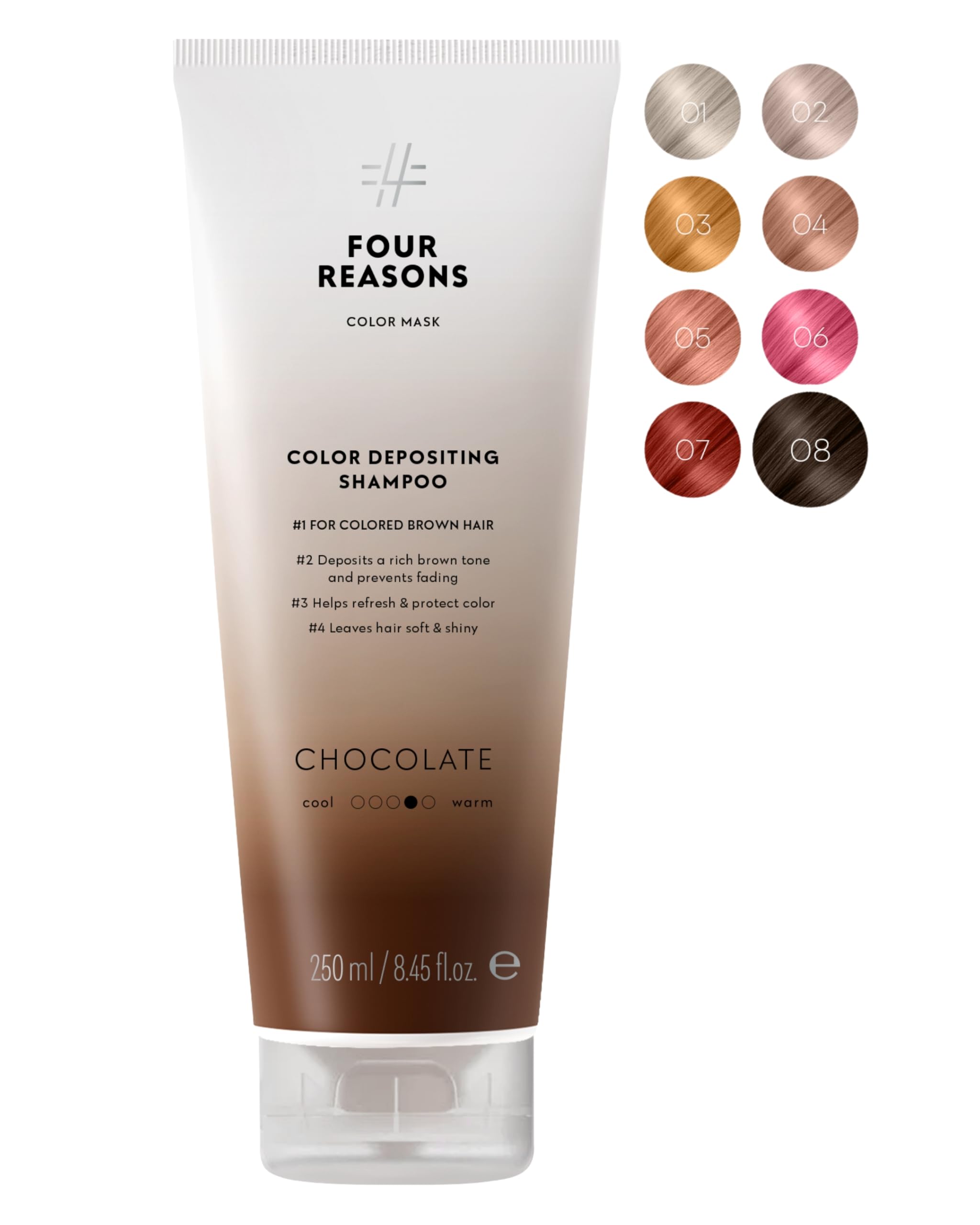 FOUR REASONS Hair Color Shampoo, Chocolate (8 Colours) - Colour Depositing Shampoo, Semi Permanent Brown Hair Colour Shampoo for Women - Brown Toner for Hair, Sulfate Free, Vegan – 250 ml