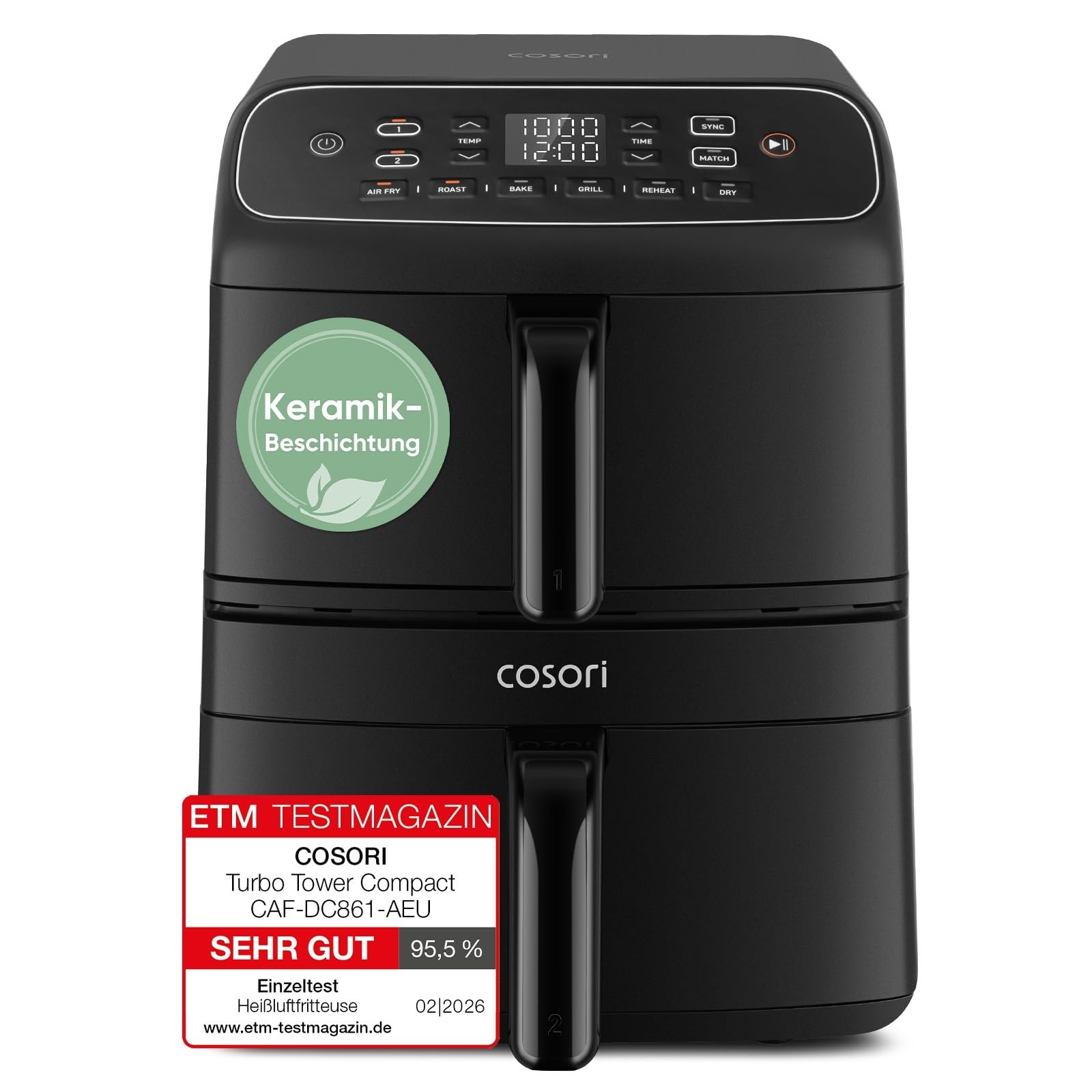 COSORI Airfryer | Turbo Tower Compact | Heißluftfritteuse 2 Kammern Keramikbeschichtung | 8,6L Double Stack mit mehreren Lüfterstufen | 2700W| Schwarz | DC861